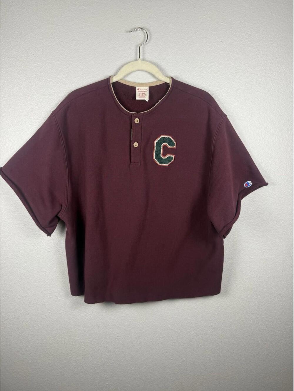 Champion Reverse Weave Henley Sweatshirt Mens L Burgundy Crop Short Sleeve Patch